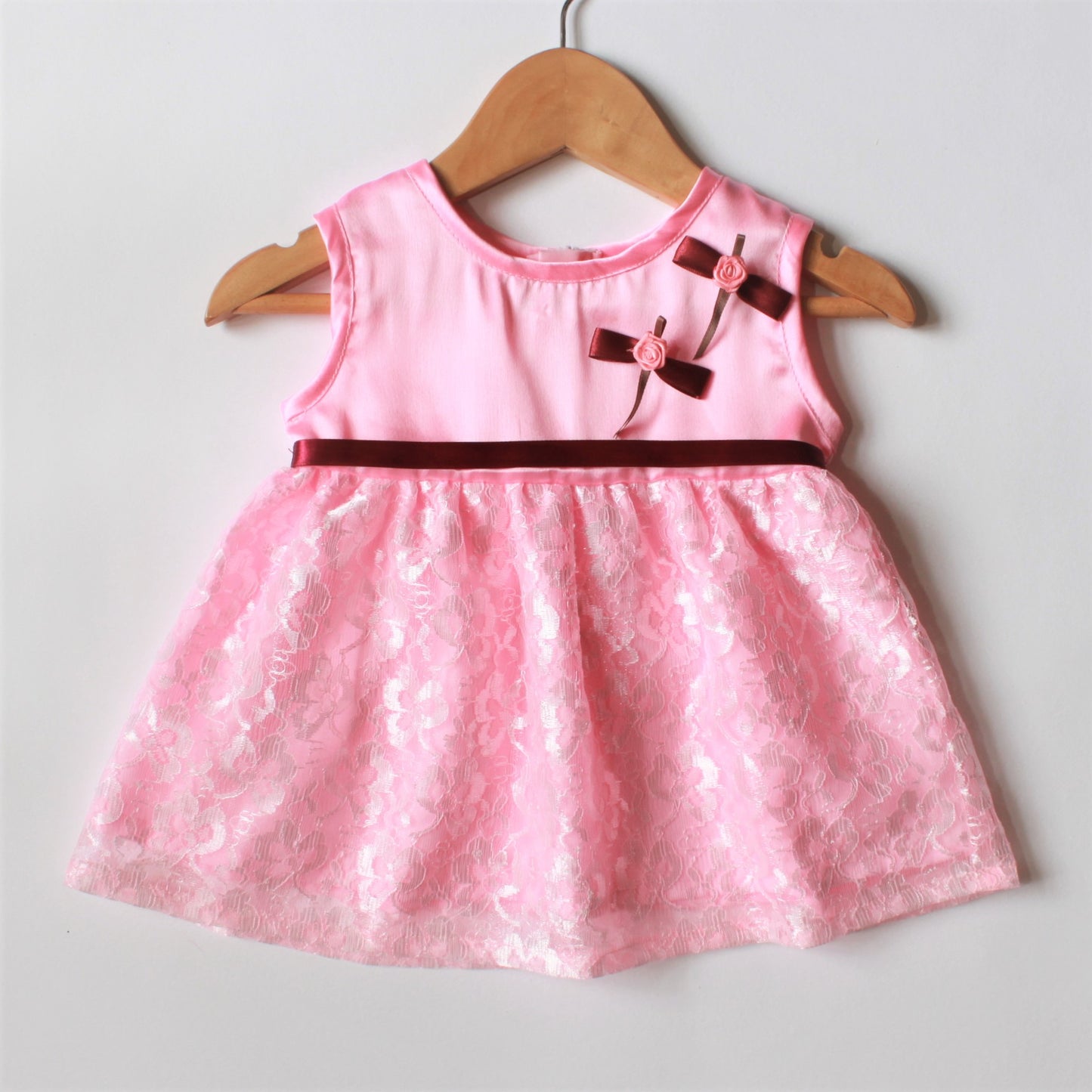 Many Frocks  bow and rose embellished baby party frock - Pink