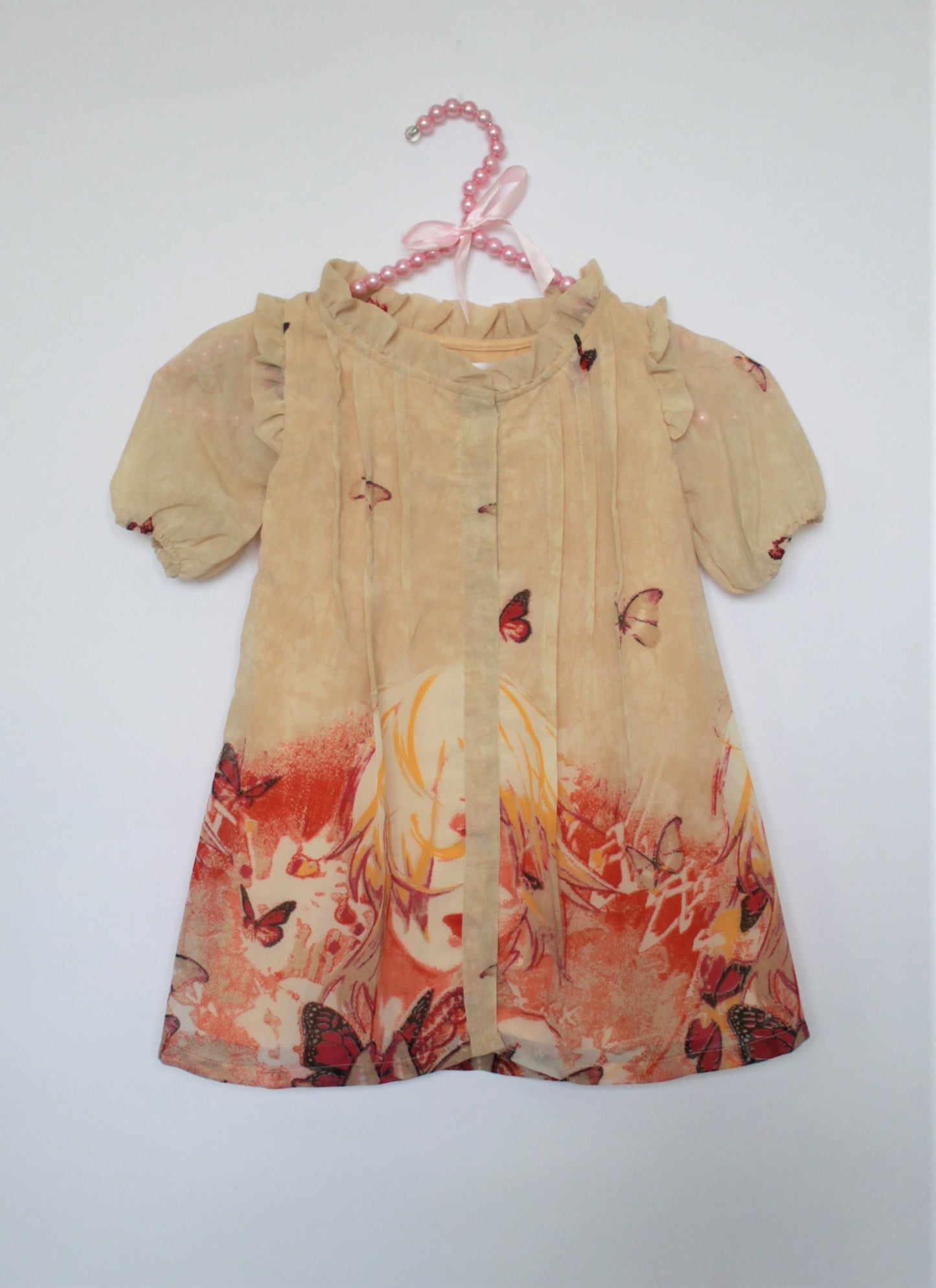 Many frocks & Short Sleeves Frill Detailed Butterfly Print Dress - Cream