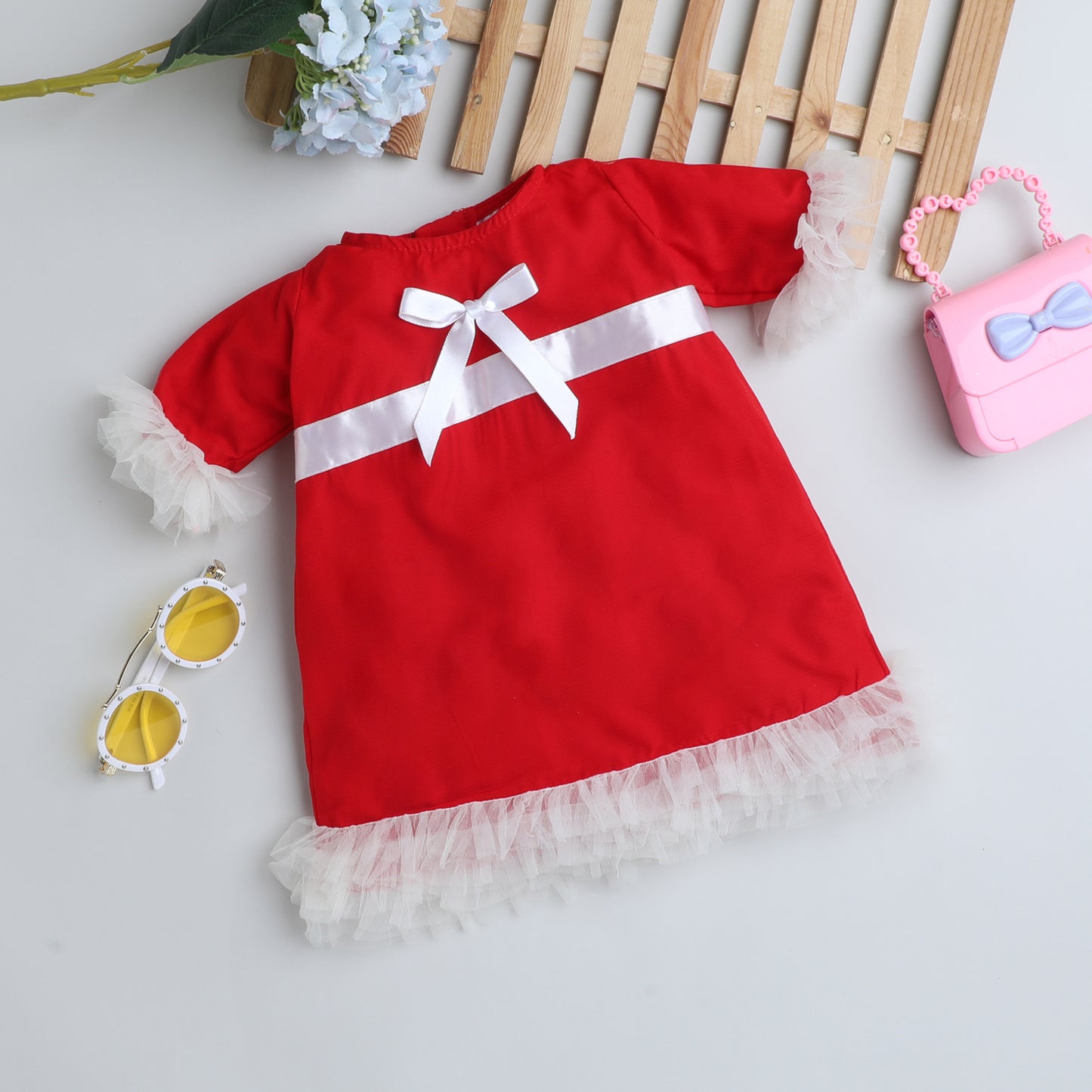 Many Frocks & creap half sleeves bow embellished baby & girls christmas party dress with snowy sleeves - Red