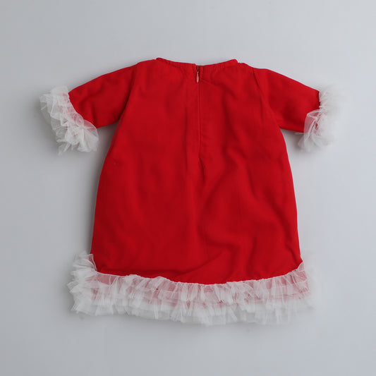 Many Frocks & creap half sleeves bow embellished baby & girls christmas party dress with snowy sleeves - Red