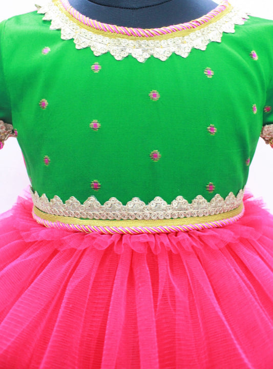 Many Frocks ethnic gown with sleeves and frills - Pink