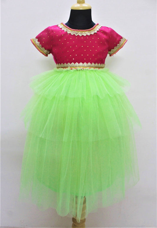 Many Frocks ethnic gown with shimmer body, sleeves and frills - Green