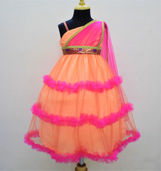 Many Frocks ethnic gown with attached dupatta - Peach