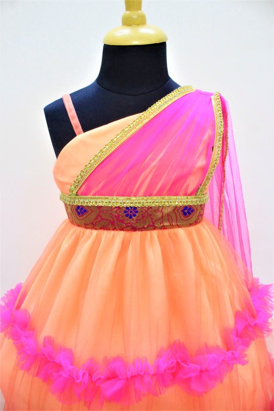 Many Frocks & Sleeveless Dots Print Netted Layered Gown With Attached Dupatta - Peach