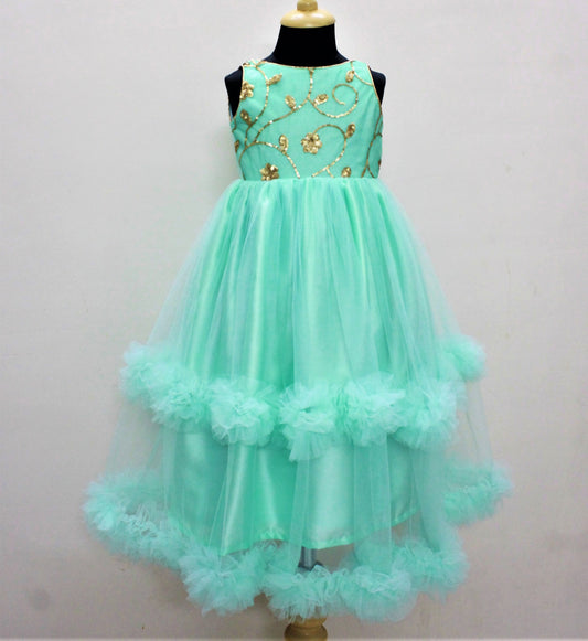 Many Frocks & Sleeveless Sequined Netted Layered Gown - Blue