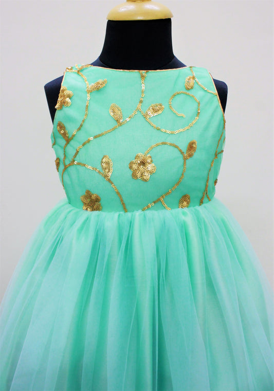 Many Frocks & Sleeveless Sequined Netted Layered Gown - Blue