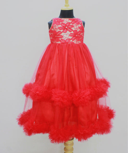 Many Frocks & Sleeveless Flower Embroidery Layered Netted Gown - Red