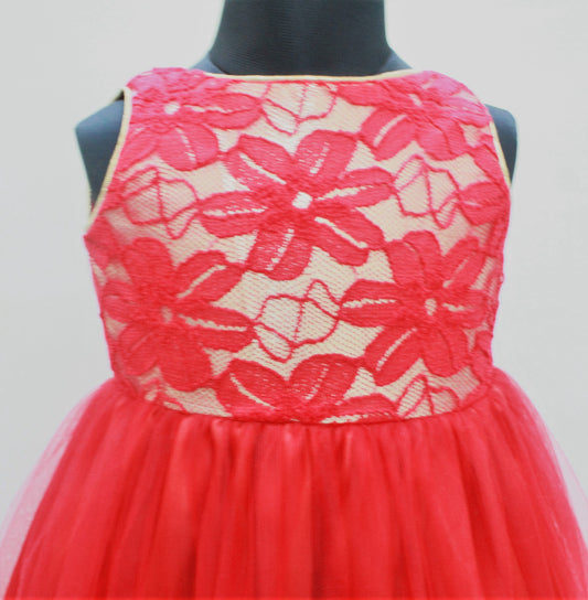 Many Frocks & Sleeveless Flower Embroidery Layered Netted Gown - Red