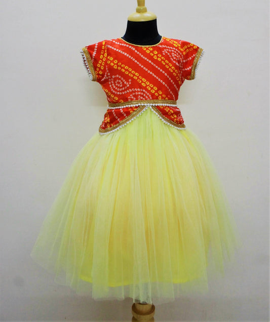 Many Frocks bandhani ethinc party gown- Yellow/orange