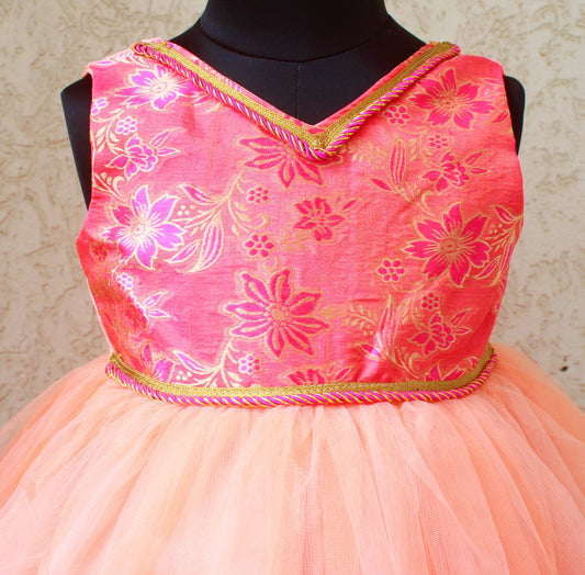 Many Frocks brocade ethnic frock with clip -Peach