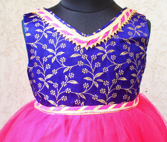 Many Frocks blue floral bodice ethnic frock  with clip - Blue & Pink