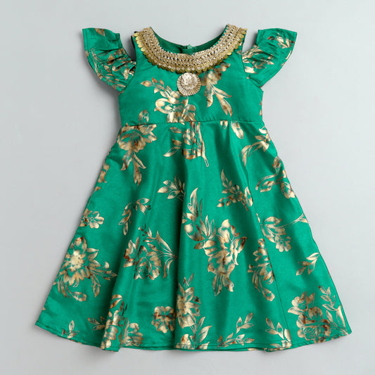 Many Frocks & floral foil printed Gown - Green