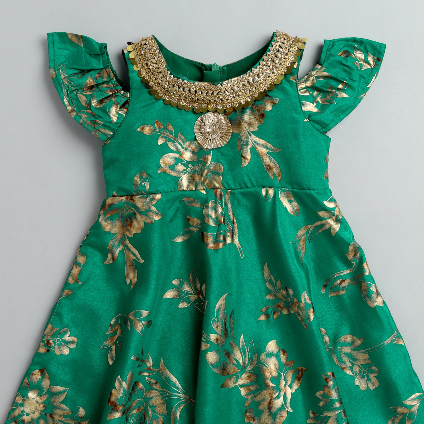 Many Frocks &  floral foil printed Gown - Green