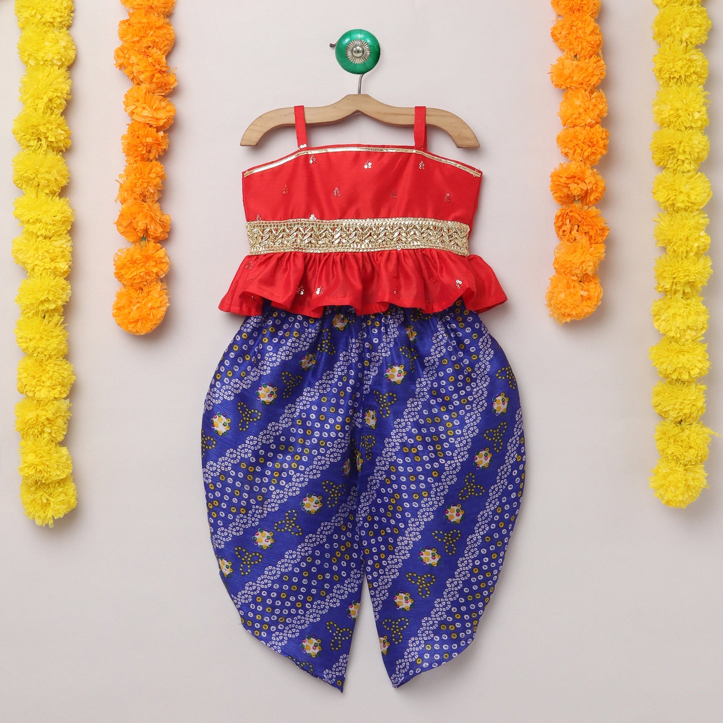 Many Frocks & gotta embellished top and bandhani  dhoti set - Red/Blue