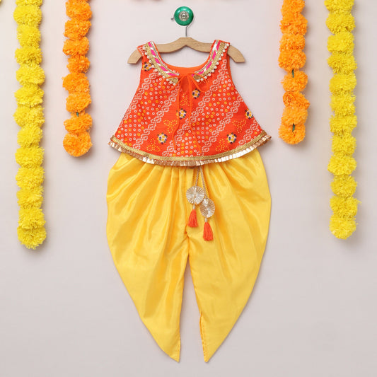 Many Frocks & bandhani choli and dhoti set with latkan - Orange