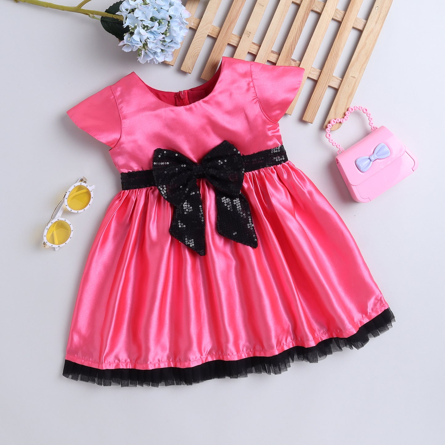 Many Frocks & satin fabric sequin bow ebellished fit and flare party dress - Pink