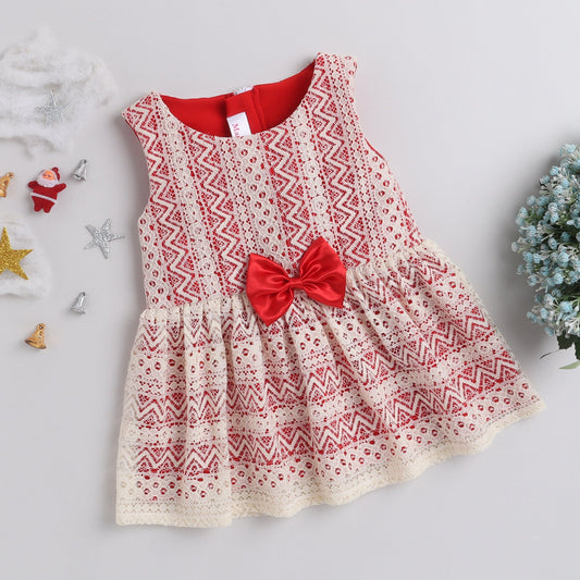 Many Frocks lacy red bow baby party dress- Cream & Red