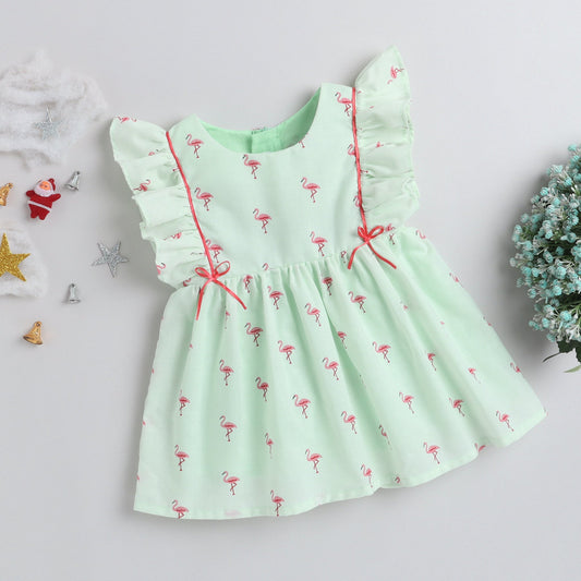 Many Frocks Flamingo prnted baby party dress - Green