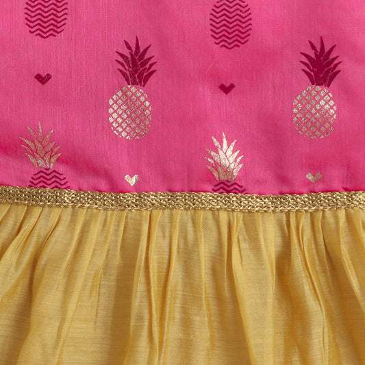 Many Frocks pineapple printed chanderi baby party dress - Pink & Yellow