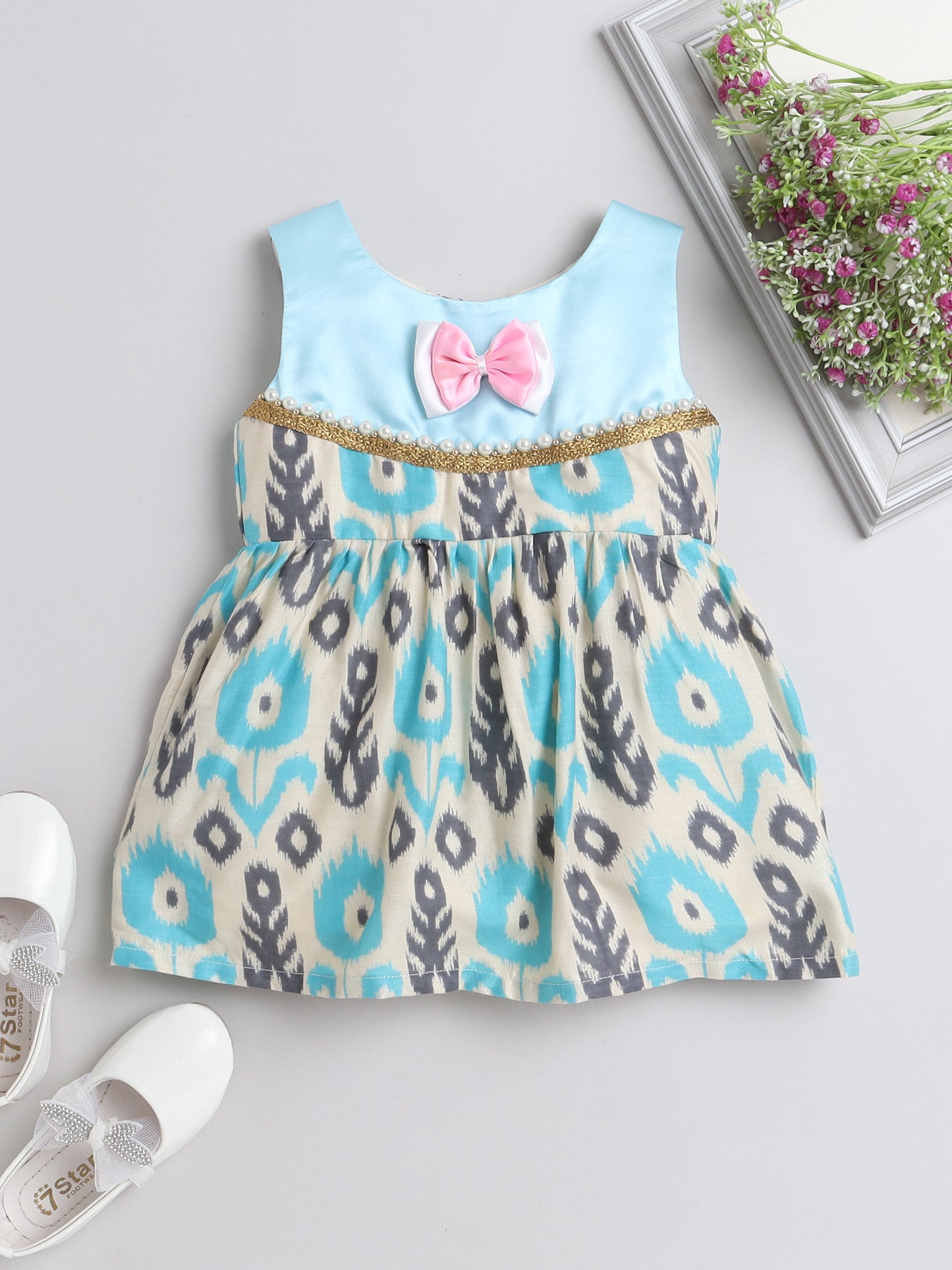 Many Frocks bead embellished knee length baby Ethnic dress - Blue