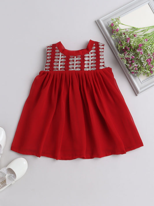 Many Frocks embroidered knee length baby dress - Maroon