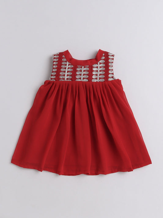 Many Frocks embroidered knee length baby dress - Maroon