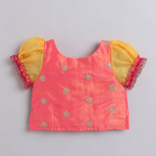 Many Frocks embroidered pattu pavdai - Pink/Yellow