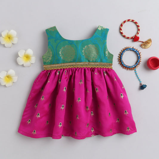 Many Frocks knee length brocade bodice and lace embellished baby ethnic party frock - Green & Pink