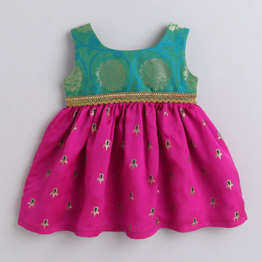 Many Frocks knee length brocade bodice and lace embellished baby ethnic party frock - Green & Pink