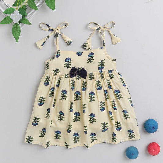 Many Frocks  knee length  foral printed silky textured baby dress - Blue & Cream