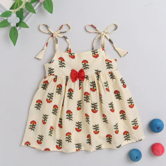 Many Frocks  knee length  foral printed silky textured baby dress - Red & Cream