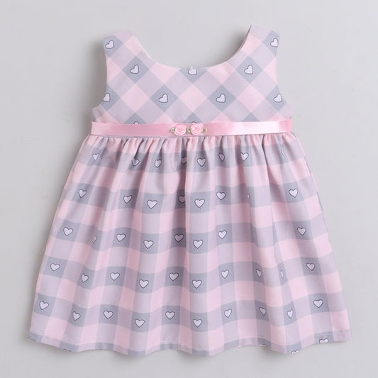 Many Frocks knee length heart printed baby casual dress - Pink & Grey