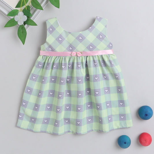 Many Frocks knee length heart printed baby casual dress - Green & Grey