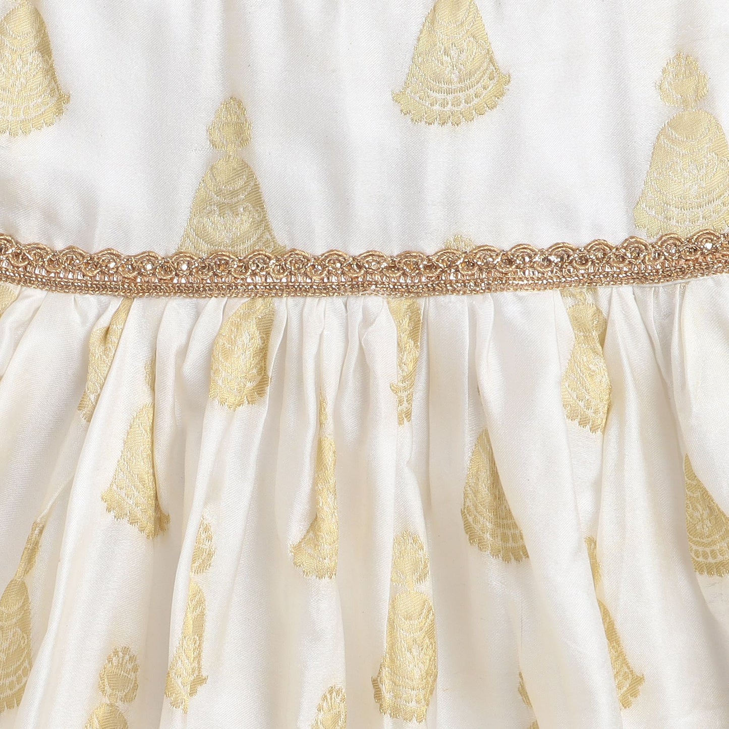 Many Frocks golden jhumka weaving knee length baby Onam dress- Cream
