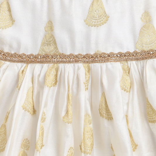 Many Frocks golden jhumka weaving knee length baby Onam dress- Cream