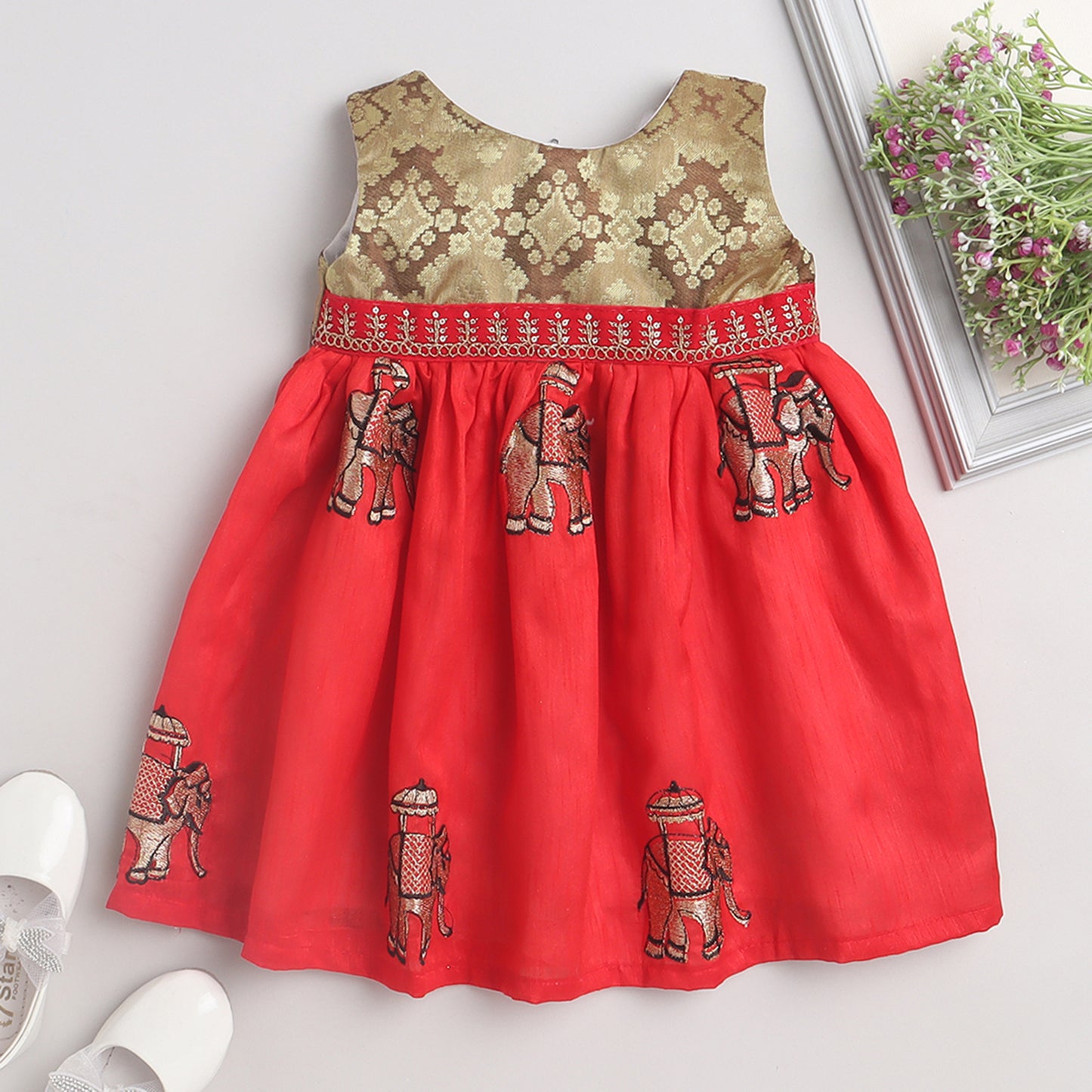 Many Frocks floral bouquet embroidered knee length baby ethnic dress - Golden/Red