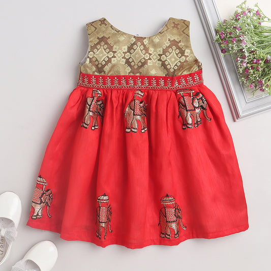 Many Frocks floral bouquet embroidered knee length baby ethnic dress - Golden/Red