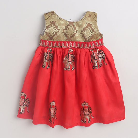 Many Frocks floral bouquet embroidered knee length baby ethnic dress - Golden/Red