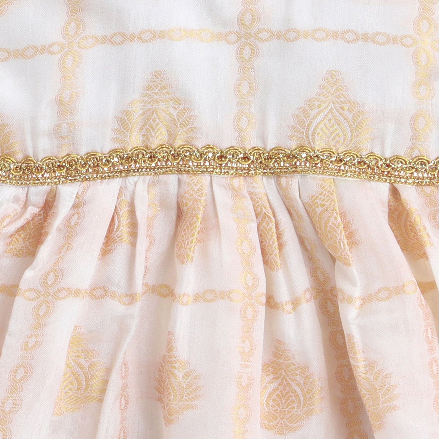 Many frocks golden hibuscus flower weave knee length baby onem dress - Cream