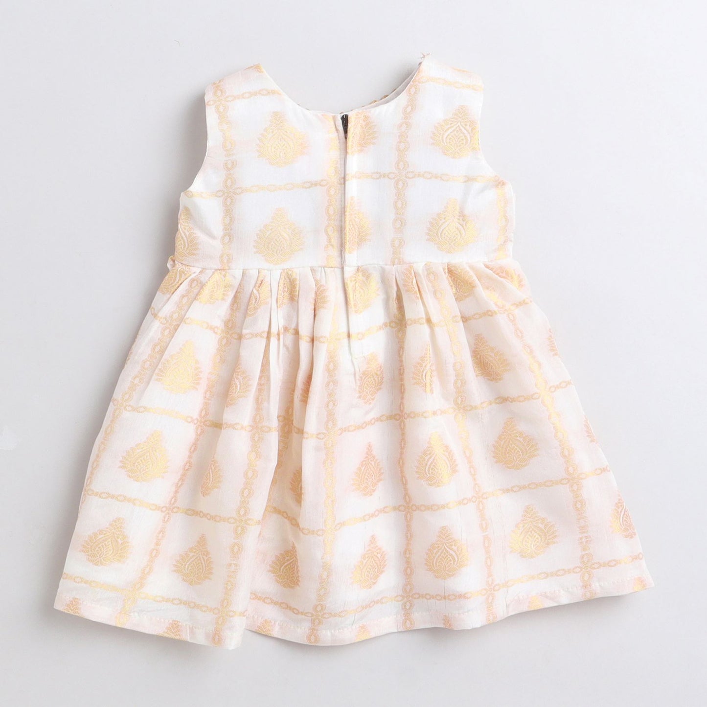 Many frocks golden hibuscus flower weave knee length baby onem dress - Cream