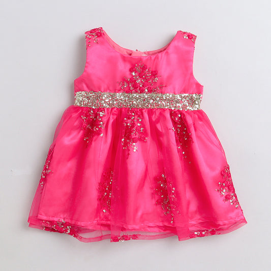 Many Frocks & Knee length floral emnbroidered baby ethnic dress - Pink