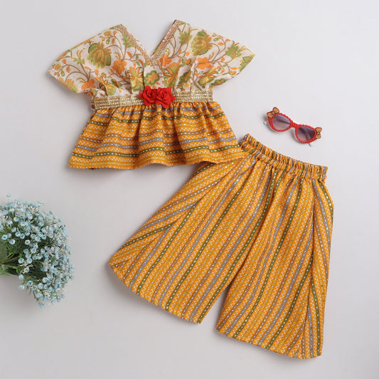 Many Frocks pleated flowers embellished top and plazzo set - Yellow