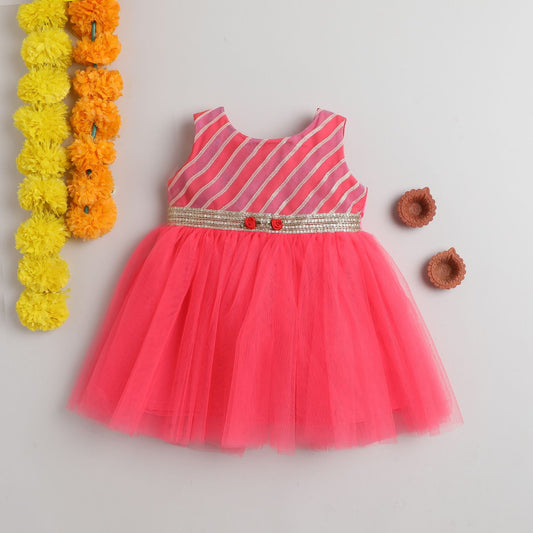 Many Frocks lace mebellished knee length baby ethnic dress - Pink