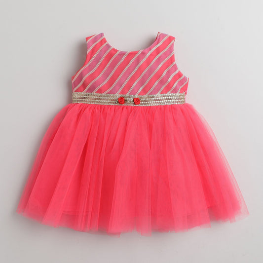 Many Frocks lace mebellished knee length baby ethnic dress - Pink