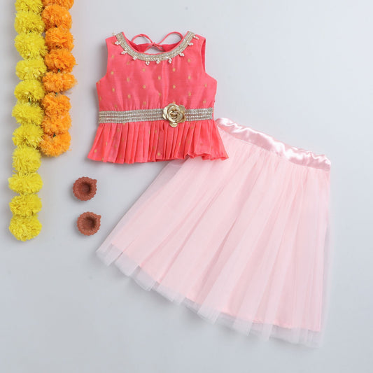 Many Frocks embellished Lengha choli  set with pleated choli- Orange & Peach