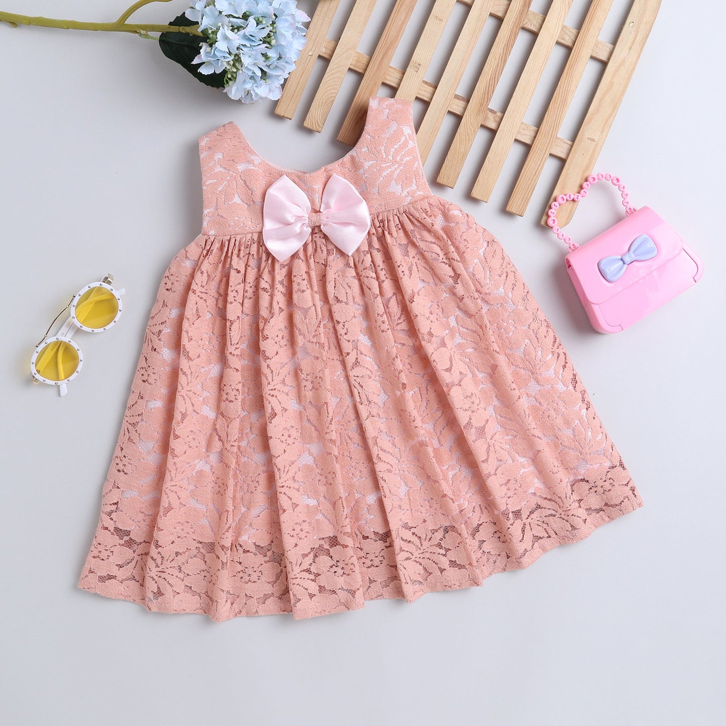 Many Frocks & floral net fabric bow embellished  knee length bow embellished fit and flare party dress - Peach