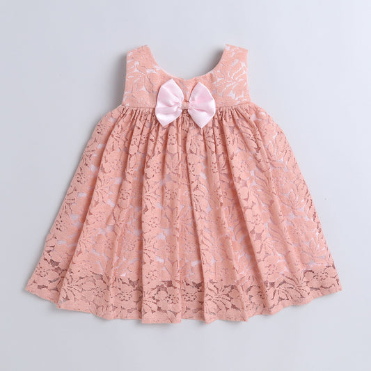 Many Frocks & floral net fabric bow embellished knee length bow embellished fit and flare party dress - Peach