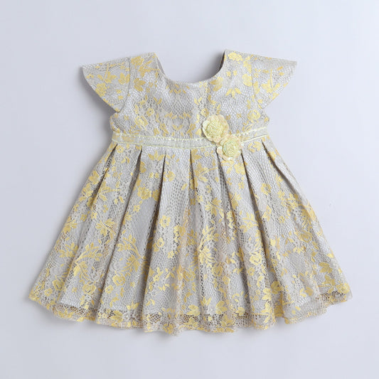 Many Frocks & floral net handmade flower embellished floral weave fit and flare party dress - Grey