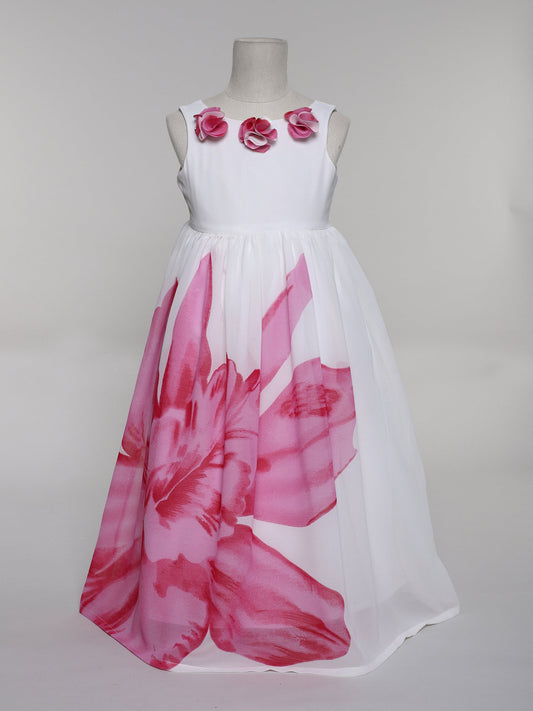 Many Frocks & Floral printed party gown -White & Pink