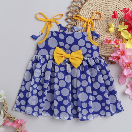 Many Frocks polka dot knee length strappy baby dress - Blue